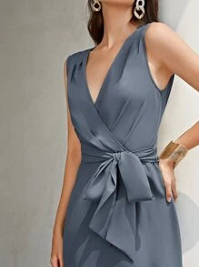 KES Surplice Neck Belted Dress - Dusty Blue - View 4