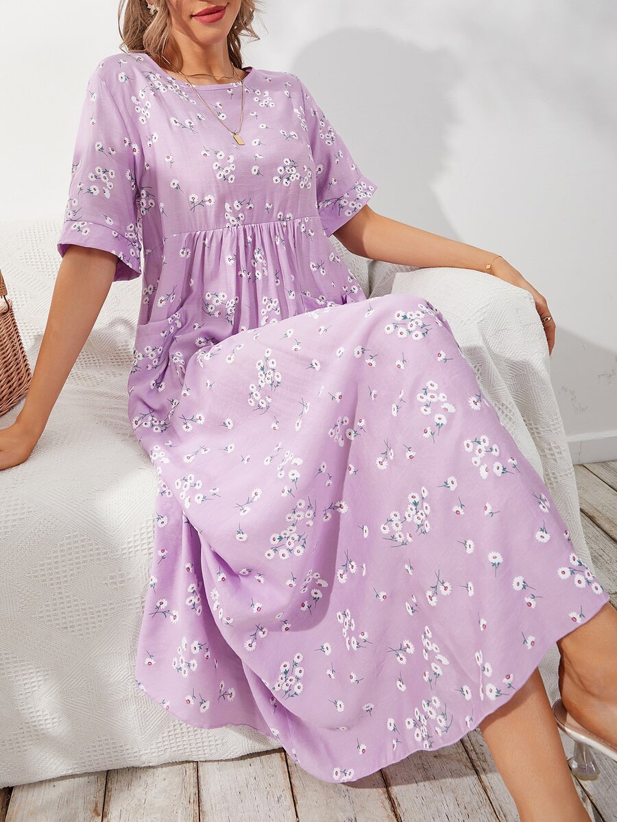 Mulvari Pocket Front Ditsy Floral Smock Dress - Purple - View 1