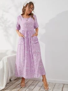 Mulvari Pocket Front Ditsy Floral Smock Dress - Purple - View 3