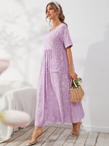 Mulvari Pocket Front Ditsy Floral Smock Dress - Purple - View 4