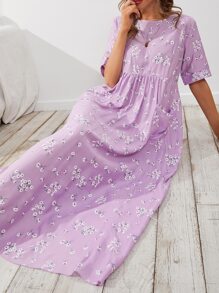 Mulvari Pocket Front Ditsy Floral Smock Dress - Purple - View 5
