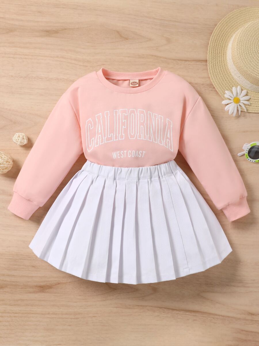 SHEIN 年輕女孩字母圖形連帽衫&百褶裙 - 彩色 - 查看 1