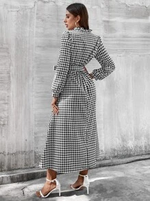 Mulvari Houndstooth Print Puff Sleeve Belted Dress - Black and White - View 2