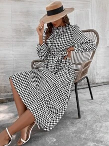 Mulvari Houndstooth Print Puff Sleeve Belted Dress - Black and White - View 3