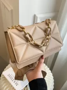 極簡風格衍縫鏈條翻蓋方包 - 卡其色 - 查看 1