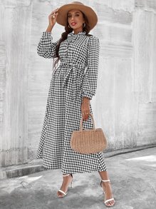 Mulvari Houndstooth Print Puff Sleeve Belted Dress - Black and White - View 5