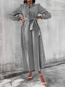 Mulvari Houndstooth Print Puff Sleeve Belted Dress - Black and White - View 6