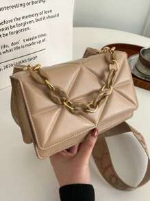 極簡風格衍縫鏈條翻蓋方包 - 卡其色 - 查看 4