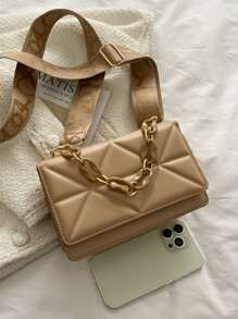 極簡風格衍縫鏈條翻蓋方包 - 卡其色 - 查看 6