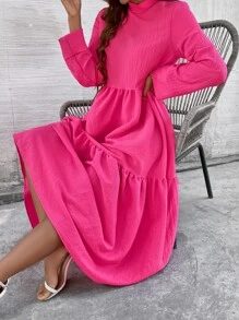 Mulvari 素色小高領A字洋裝 - 玫紅色 - 查看 6