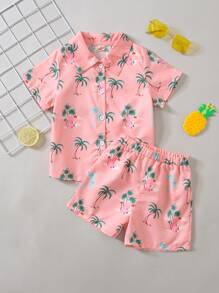 SHEIN Young Boy House & Palm Tree Print Shirt & Shorts - Pink - View 1