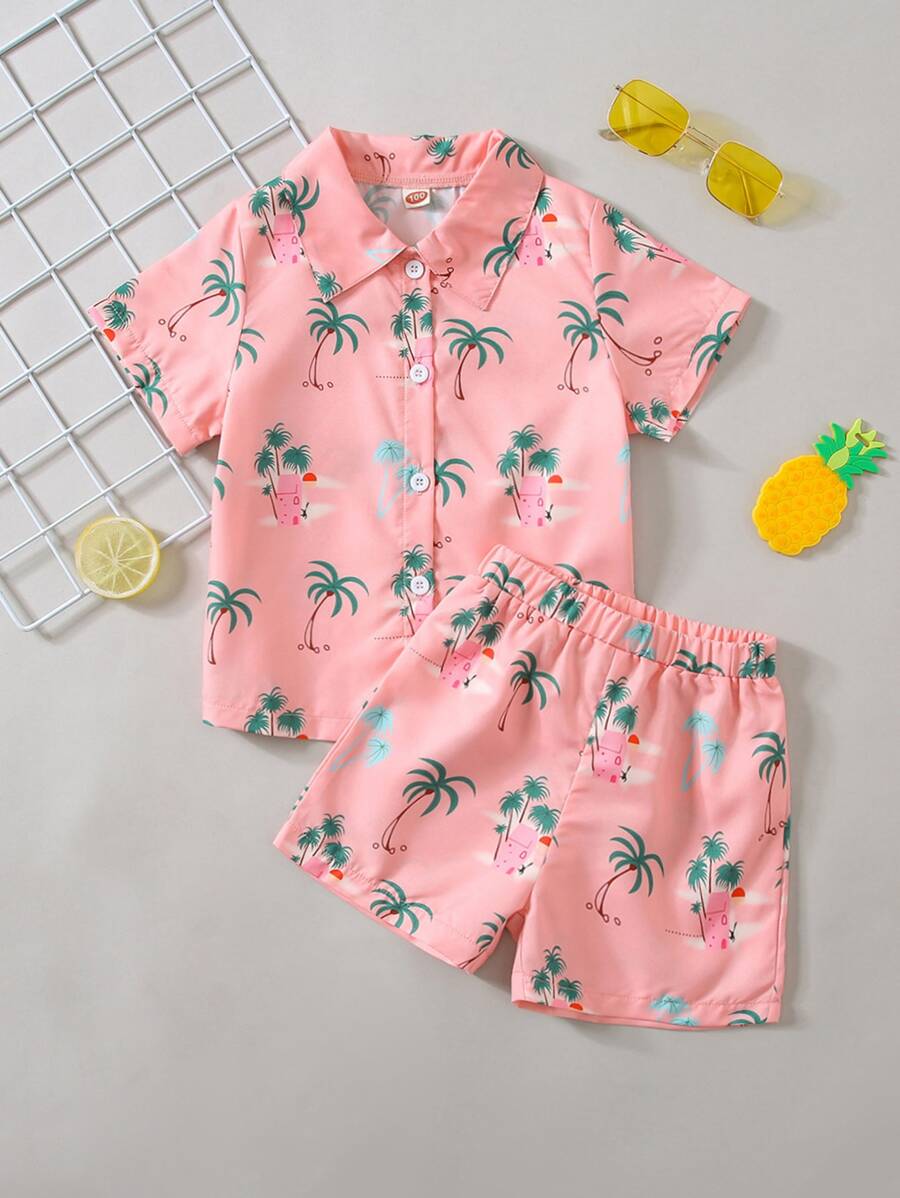 SHEIN Young Boy House & Palm Tree Print Shirt & Shorts - Pink - View 1