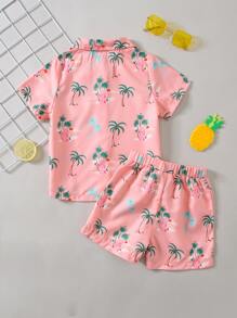 SHEIN Young Boy House & Palm Tree Print Shirt & Shorts - Pink - View 2