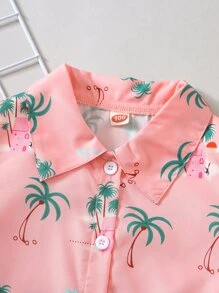 SHEIN Young Boy House & Palm Tree Print Shirt & Shorts - Pink - View 3