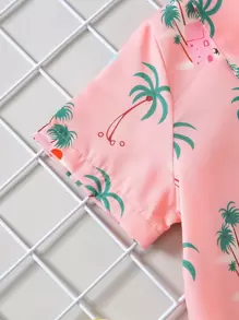 SHEIN Young Boy House & Palm Tree Print Shirt & Shorts - Pink - View 4