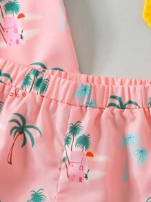 SHEIN Young Boy House & Palm Tree Print Shirt & Shorts - Pink - View 5