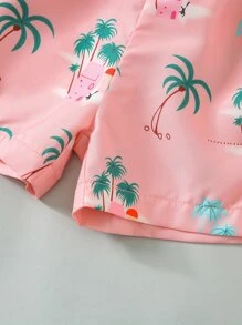 SHEIN Young Boy House & Palm Tree Print Shirt & Shorts - Pink - View 6