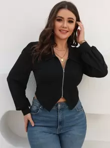 SHEIN Essnce 大碼前拉鍊不對稱下擺泡泡袖T恤 - 黑色 - 查看 1