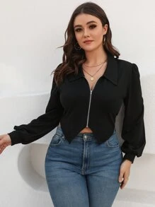 SHEIN Essnce 大碼前拉鍊不對稱下擺泡泡袖T恤 - 黑色 - 查看 5