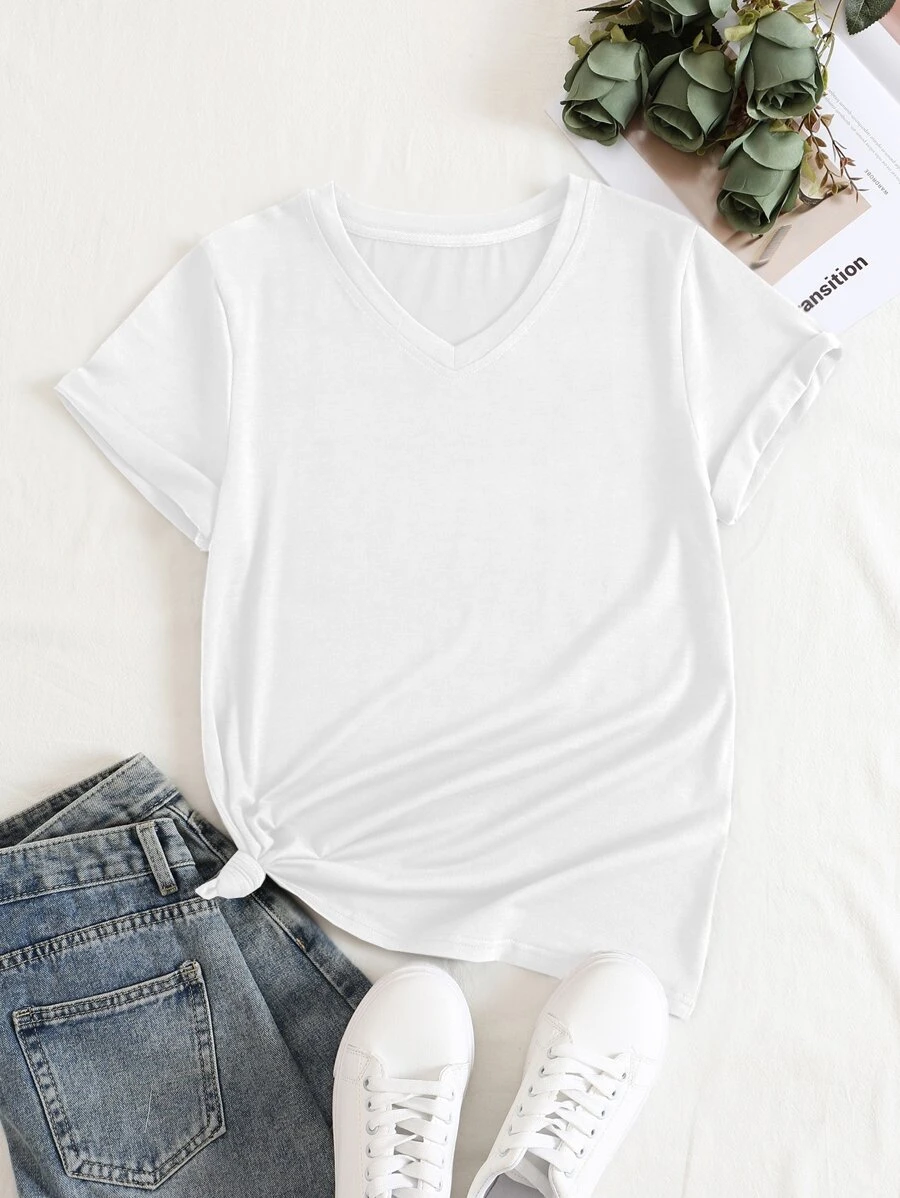 SHEIN EZwear Áo thun nữ màu trơn Cơ bản - trắng - Xem 1