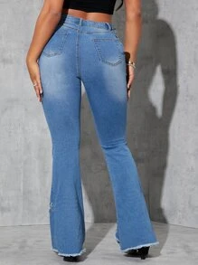 SHEIN High Waist Ripped Criss Cross Chain Ring Raw Hem Flare Leg Jeans