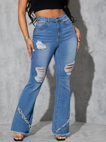 SHEIN High Waist Ripped Criss Cross Chain Ring Raw Hem Flare Leg Jeans
