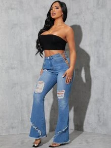 SHEIN High Waist Ripped Criss Cross Chain Ring Raw Hem Flare Leg Jeans