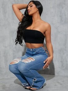 SHEIN High Waist Ripped Criss Cross Chain Ring Raw Hem Flare Leg Jeans