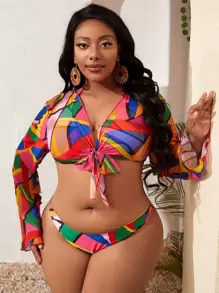 3 paquetes Conjunto de bikini triangular halter con bloque de color de talla grande y top de cubierta para playa de verano - Multicolor - Ver 1