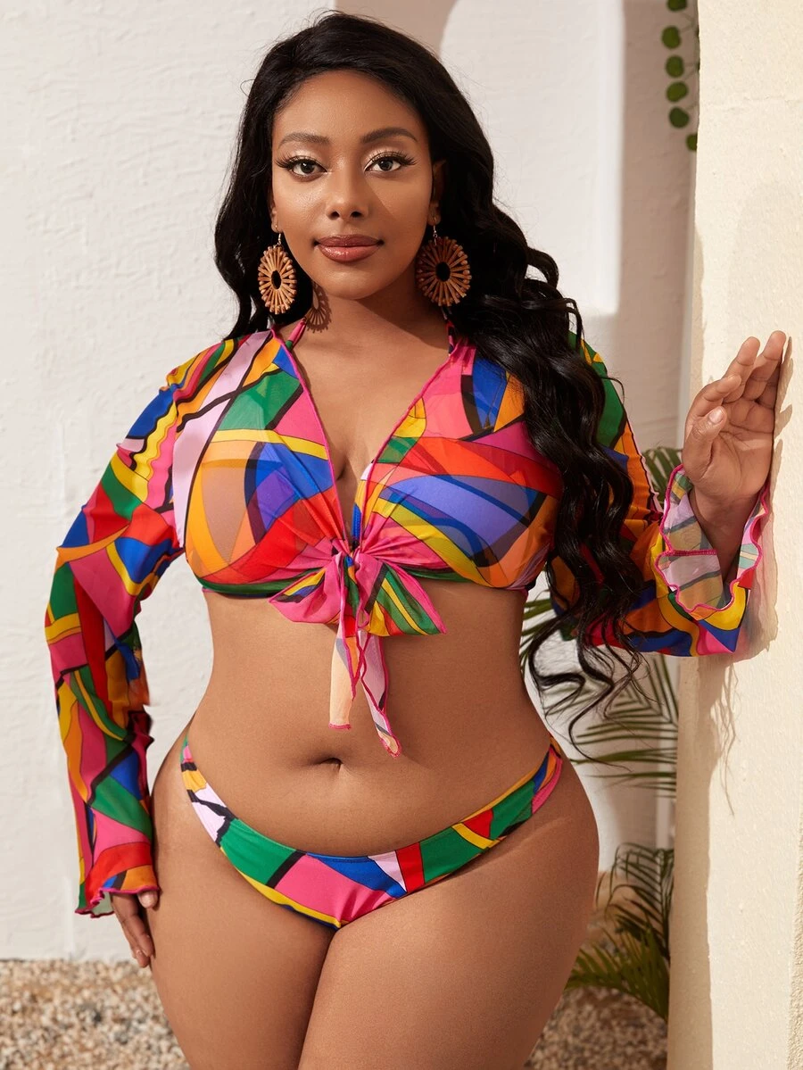 3 paquetes Conjunto de bikini triangular halter con bloque de color de talla grande y top de cubierta para playa de verano - Multicolor - Ver 1