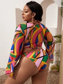 3 paquetes Conjunto de bikini triangular halter con bloque de color de talla grande y top de cubierta para playa de verano - Multicolor - Ver 2