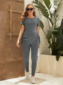 SHEIN Maternity Drawstring Ruched Tee & Leggings Set