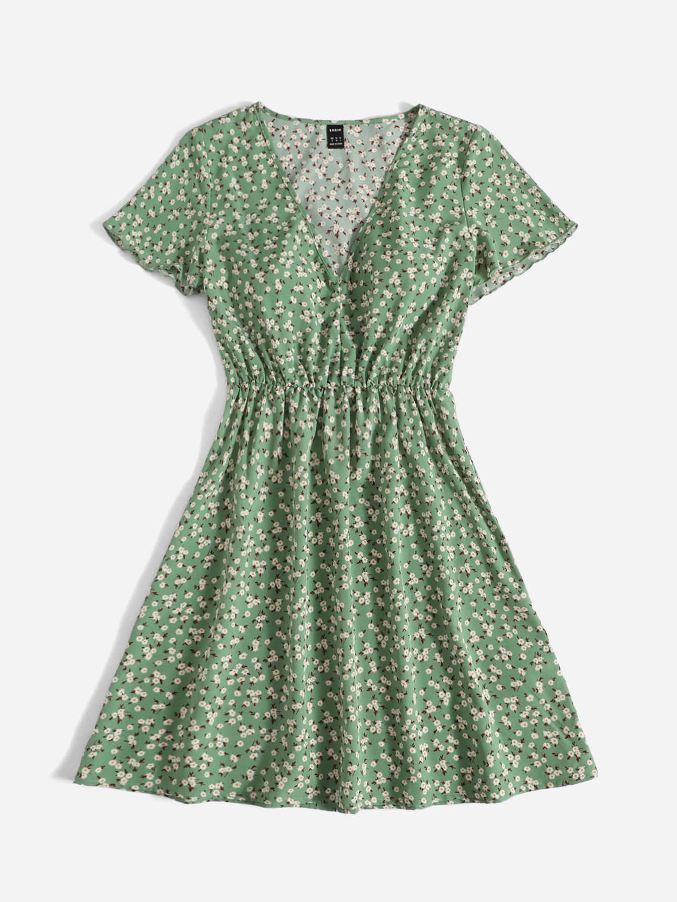 slim fit dress slacks Minna Collared Woven Dress-Green Ditsy Floral main image 1