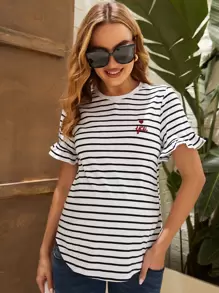 SHEIN Maternity Letter & Heart Embroidery Striped Tee - Black and White - View 1