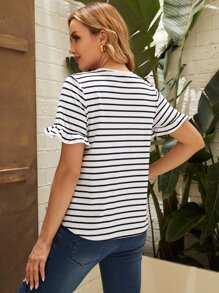 SHEIN Maternity Letter & Heart Embroidery Striped Tee - Black and White - View 2