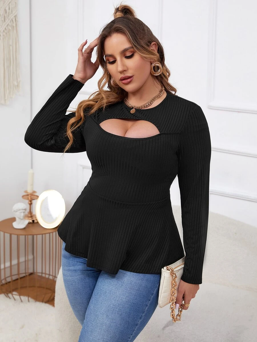 Celure Áo thun Plus size Cắt ra Viên lá sen màu trơn Thanh lịch - màu đen - Xem 1