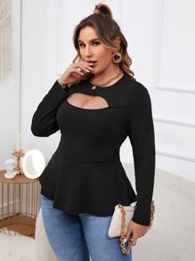 Celure Áo thun Plus size Cắt ra Viên lá sen màu trơn Thanh lịch - màu đen - Xem 3