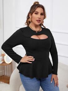 Celure Áo thun Plus size Cắt ra Viên lá sen màu trơn Thanh lịch - màu đen - Xem 4