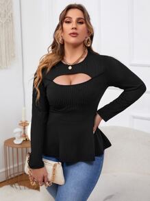 Celure Áo thun Plus size Cắt ra Viên lá sen màu trơn Thanh lịch - màu đen - Xem 6