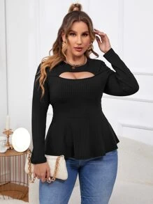 Celure Áo thun Plus size Cắt ra Viên lá sen màu trơn Thanh lịch - màu đen - Xem 7