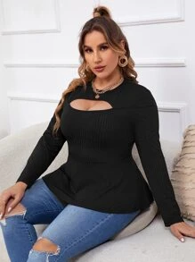 Celure Áo thun Plus size Cắt ra Viên lá sen màu trơn Thanh lịch - màu đen - Xem 8