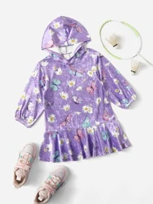 SHEIN Toddler Girls Floral And Butterfly Print Velvet Hoodie Dress - Multicolor - View 1