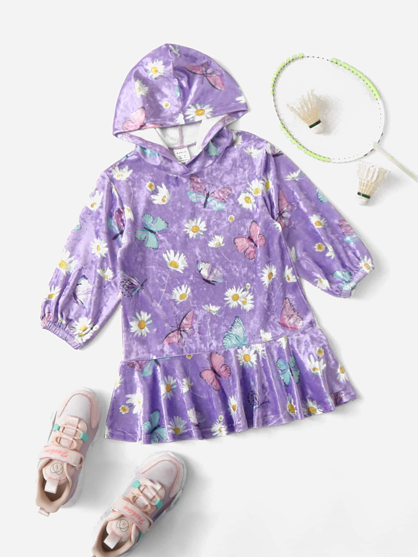 SHEIN Toddler Girls Floral And Butterfly Print Velvet Hoodie Dress - Multicolor - View 1