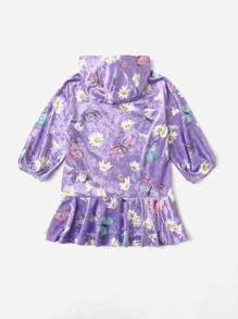 SHEIN Toddler Girls Floral And Butterfly Print Velvet Hoodie Dress - Multicolor - View 2