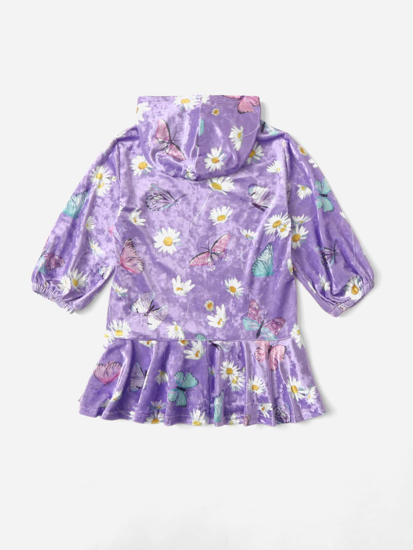 Young Girls Floral And Butterfly Print Velvet Sweatshirt Dress