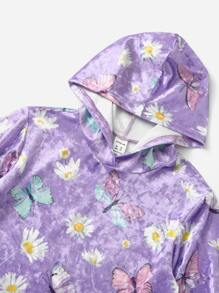 SHEIN Toddler Girls Floral And Butterfly Print Velvet Hoodie Dress - Multicolor - View 3