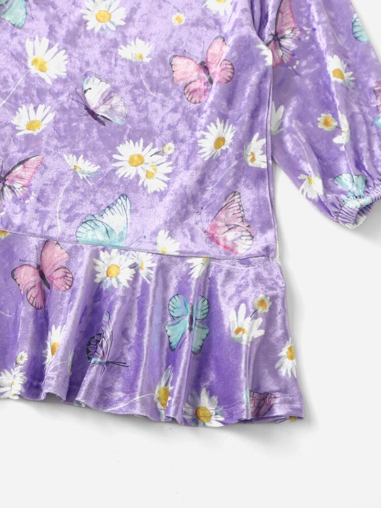 Young Girls Floral And Butterfly Print Velvet Sweatshirt Dress