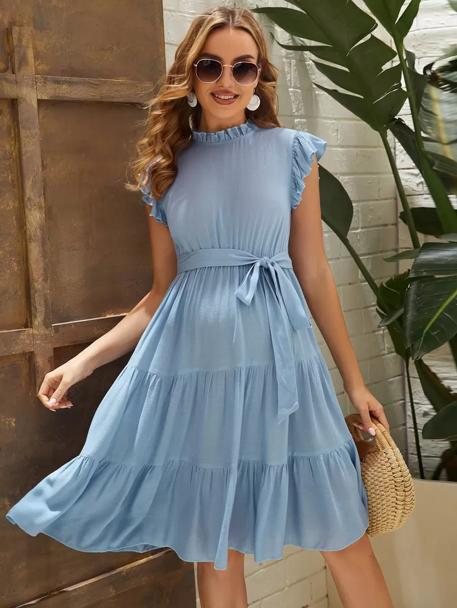 SHEIN Maternity Frill Trim Butterfly Sleeve Ruffle Hem Belted Dress - Baby Blue - View 1