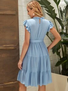 SHEIN Maternity Frill Trim Butterfly Sleeve Ruffle Hem Belted Dress - Baby Blue - View 2