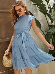 SHEIN Maternity Frill Trim Butterfly Sleeve Ruffle Hem Belted Dress - Baby Blue - View 3